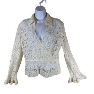 Talbots Lace Wrap Peplum Blouse Ivory Sheer‎ Ruffle Sleeve Size 14 Romantic